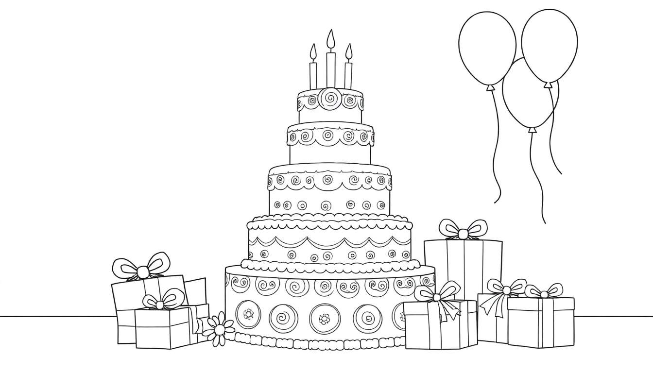 Dessin au trait d'un gâteau d'anniversaire entouré de cadeaux et de ballons, prêt à être colorié.