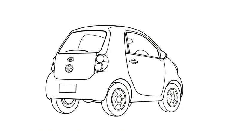 Dessin au trait d'une petite voiture Toyota compacte vue de l'arrière, avec des logos Toyota et des feux arrière ronds.