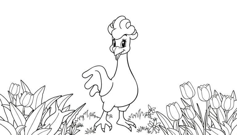Poule joyeuse dans un jardin avec des tulipes, prête à être colorée.