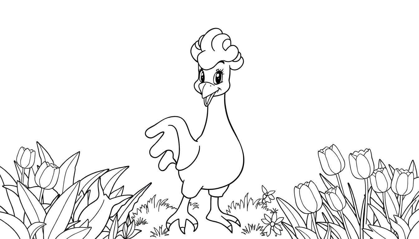 Poule joyeuse dans un jardin avec des tulipes, prête à être colorée.