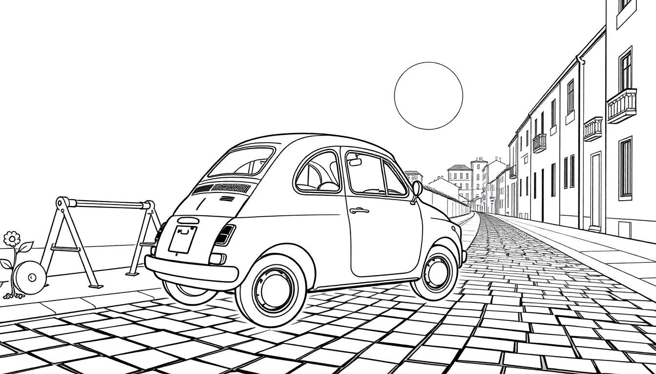 Dessin au trait d'une Fiat 500 classique sur une rue pavée, avec un chevalet et une fleur.