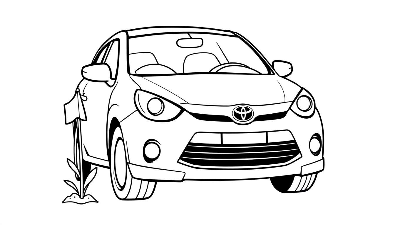 Dessin au trait d'une petite voiture Toyota noire et blanche avec une plante devant le pneu avant, prêt pour la coloration, sur un panneau de coloriage.