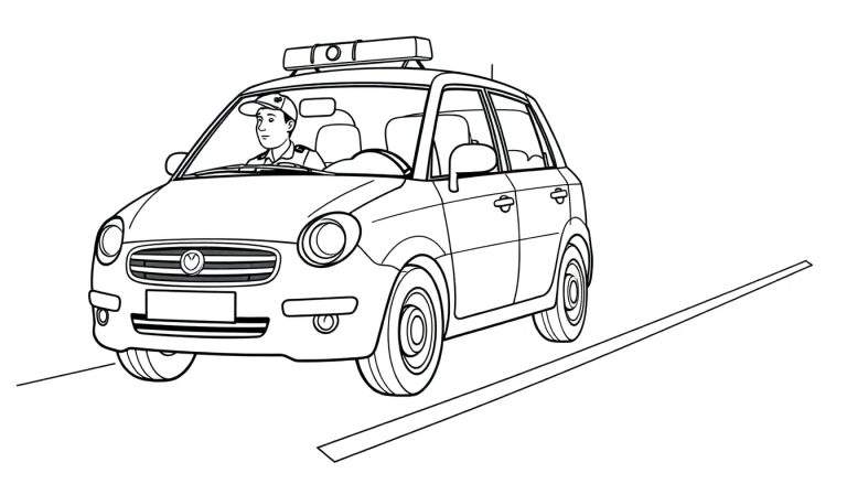 Dessin au trait d'une voiture de police avec un policier, pour un color panel.