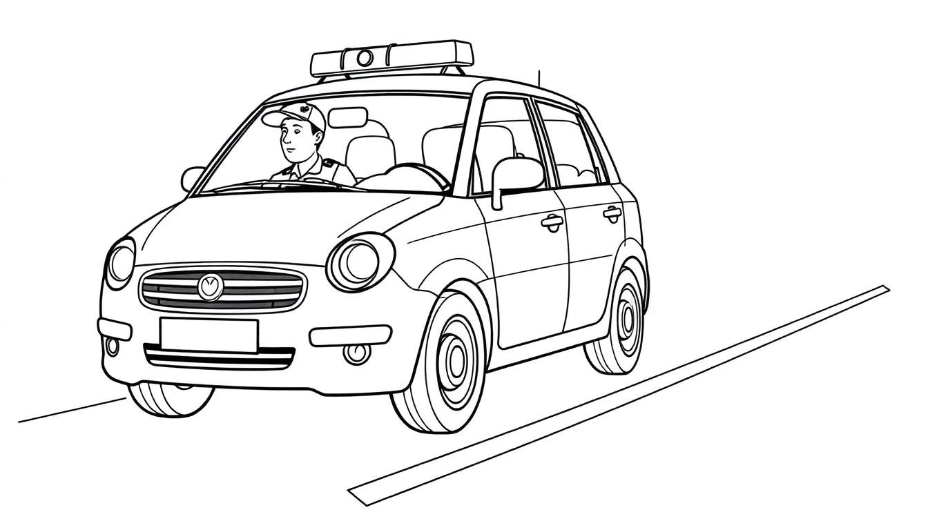 Dessin au trait d'une voiture de police avec un policier, pour un color panel.