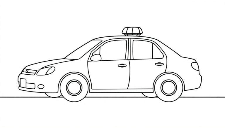 Voiture de taxi dessinée au trait pour colorier, vue de côté, avec des détails simples.