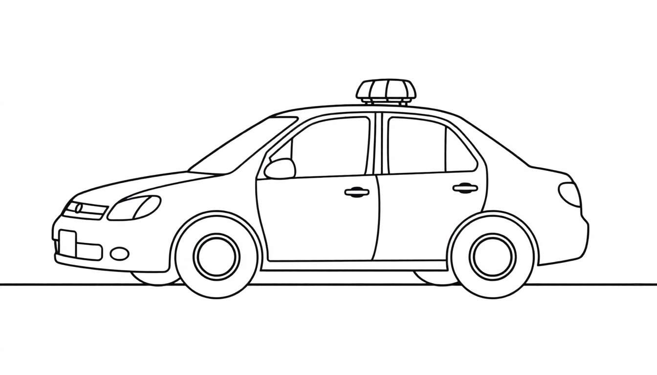 Voiture de taxi dessinée au trait pour colorier, vue de côté, avec des détails simples.