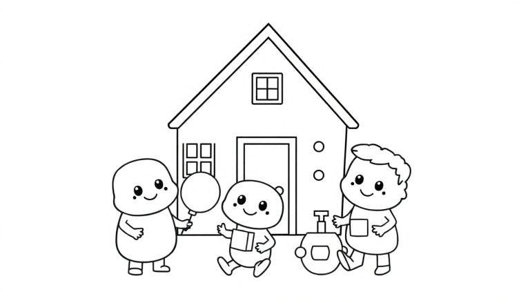 Dessin au trait noir et blanc d'une maison avec trois enfants souriants, illustration de color panel.