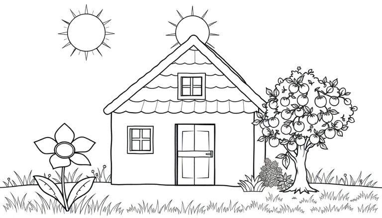 Un dessin au trait d'une maison joyeuse avec un jardin, deux soleils et un pommier. C'est un color panel.