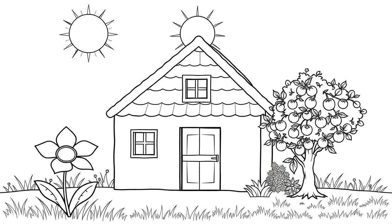 Un dessin au trait d'une maison joyeuse avec un jardin, deux soleils et un pommier. C'est un color panel.