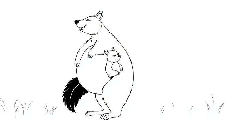 Dessin au trait d'une mère kangourou souriante avec son bébé dans sa poche, prêt pour un color panel.