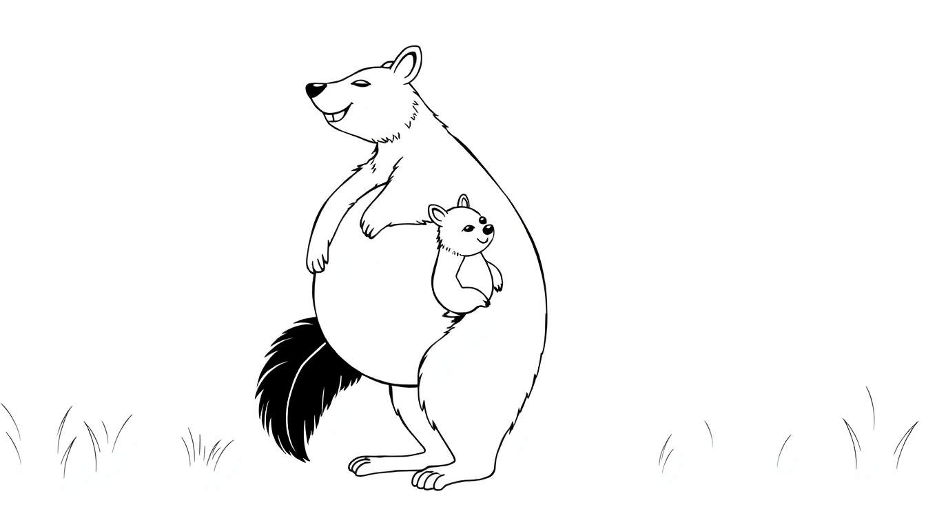 Dessin au trait d'une mère kangourou souriante avec son bébé dans sa poche, prêt pour un color panel.