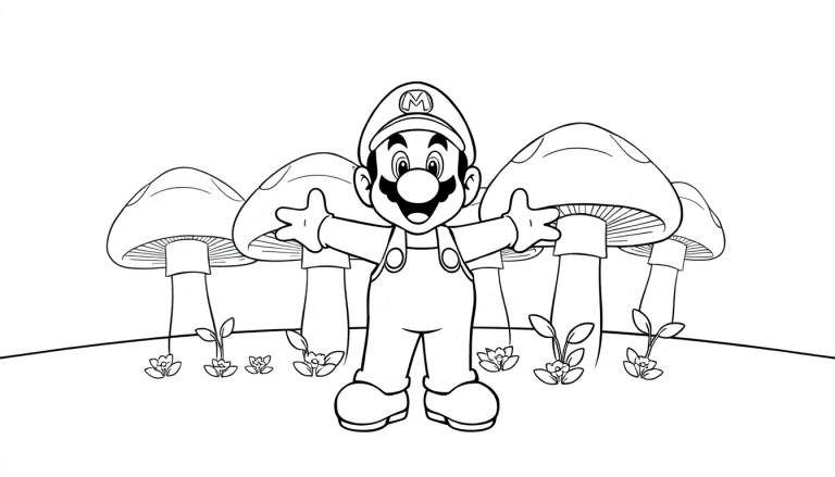 Dessin au trait de Mario souriant dans un champ de champignons, parfait pour un color panel.