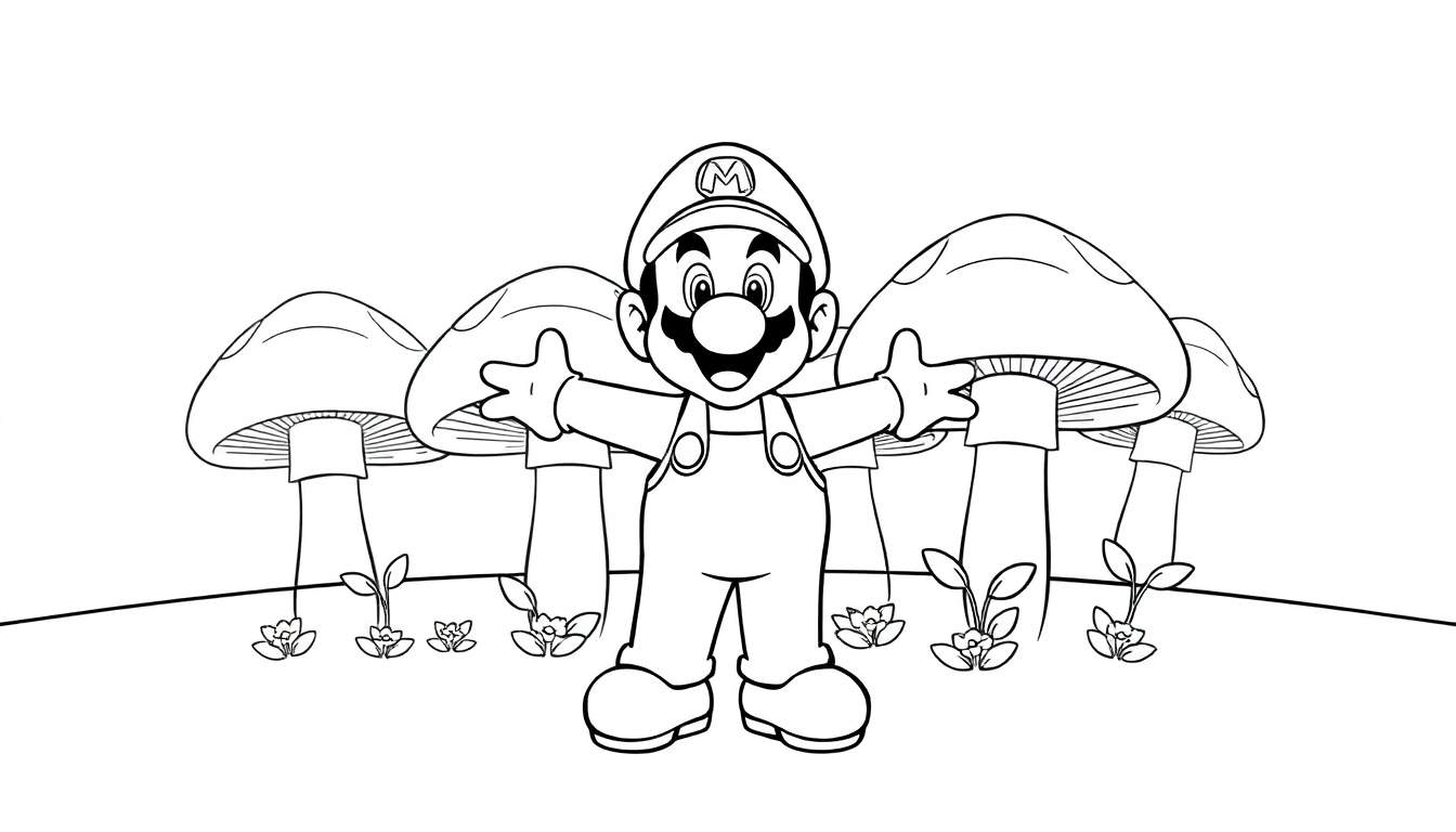 Dessin au trait de Mario souriant dans un champ de champignons, parfait pour un color panel.