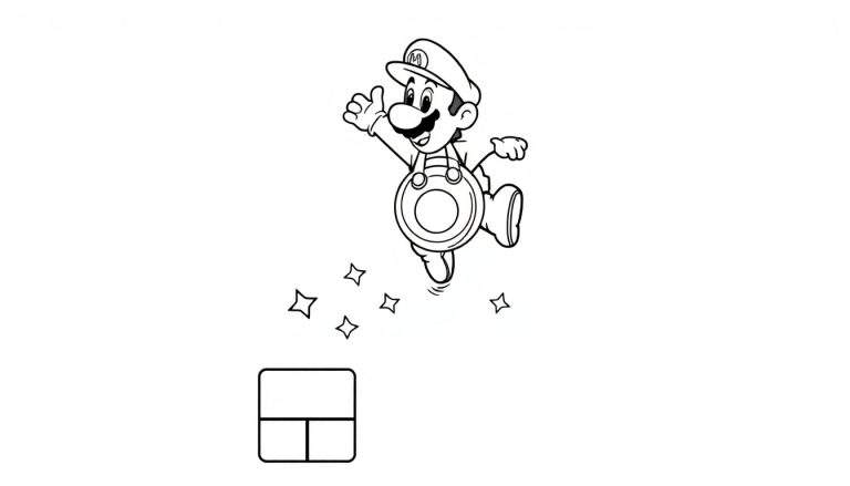 Un croquis noir et blanc de Mario sautant joyeusement avec des étoiles autour de lui, au-dessus d'un bloc en color panel.