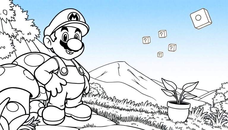 Dessin au trait de Mario sur une butte avec un champignon et des blocs de points d'interrogation, prêt à être colorisé dans un color panel.
