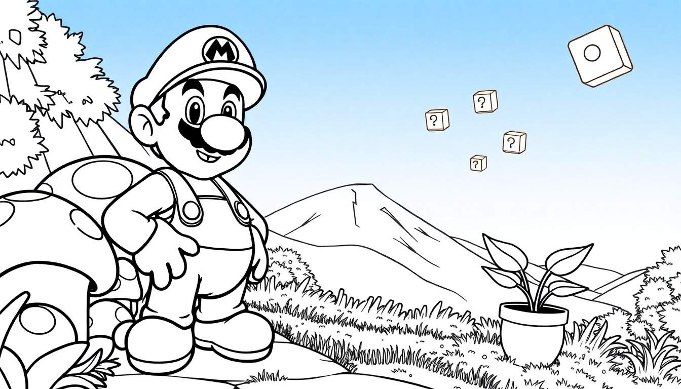 Dessin au trait de Mario sur une butte avec un champignon et des blocs de points d'interrogation, prêt à être colorisé dans un color panel.