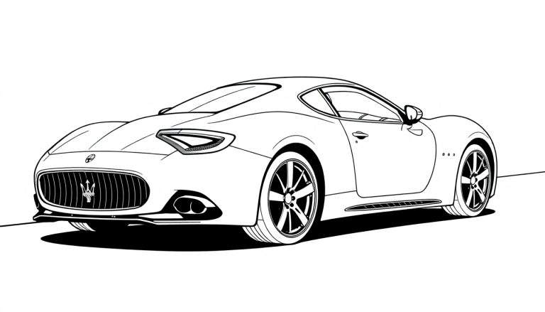 Dessin au trait d'une Maserati GranTurismo vue de l'arrière, parfaite pour un color panel.