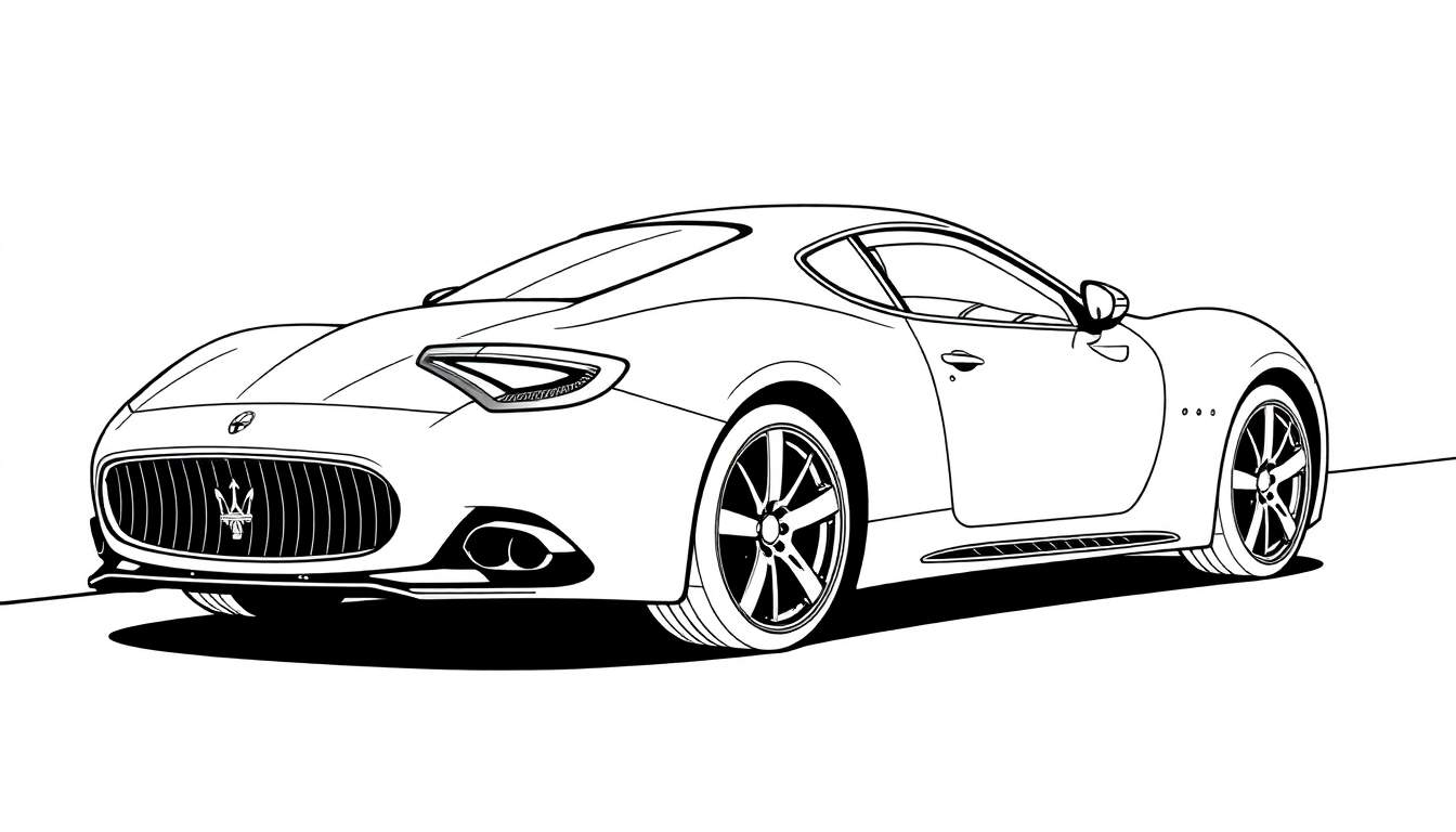 Dessin au trait d'une Maserati GranTurismo vue de l'arrière, parfaite pour un color panel.