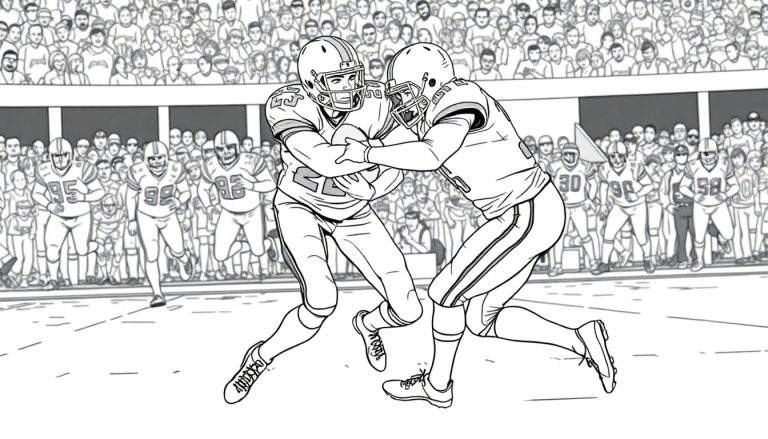 Dessin au trait d'un match de football américain, deux joueurs se disputent le ballon, la foule remplit les gradins.