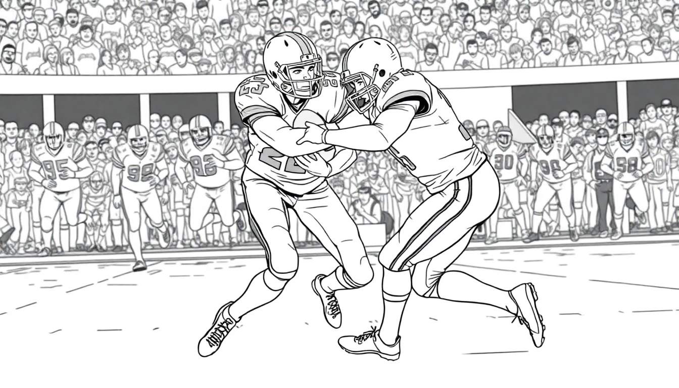 Dessin au trait d'un match de football américain, deux joueurs se disputent le ballon, la foule remplit les gradins.