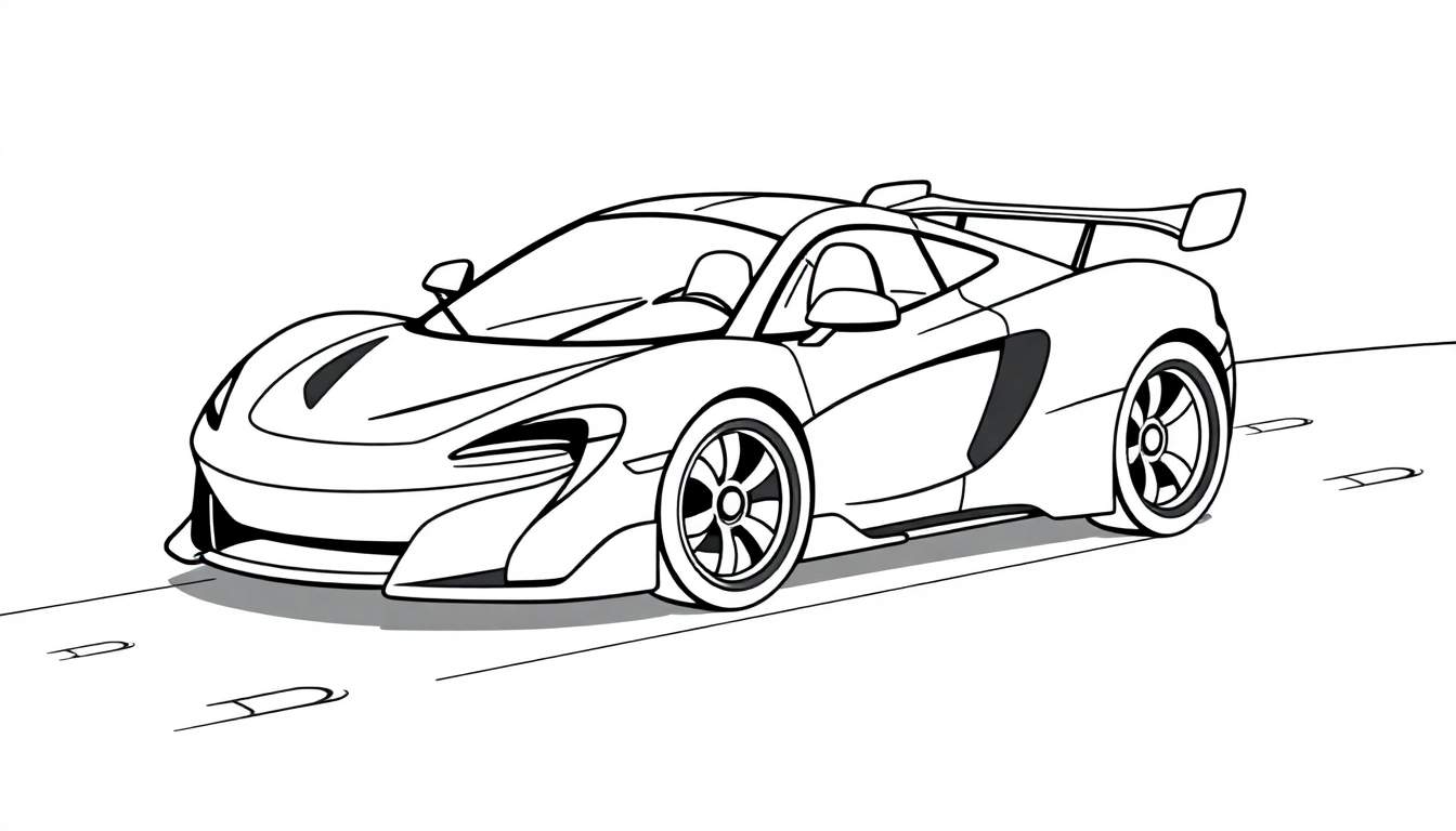 Voiture de sport McLaren stylisée en dessin au trait pour enfants, prête pour le color panel.