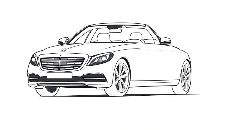 Dessin au trait d'une Mercedes-Benz décapotable, prêt pour le color panel.