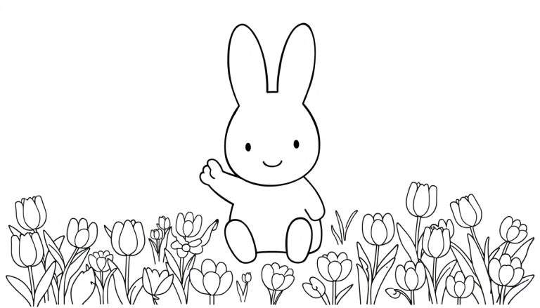 Miffy joyeuse saluant dans un champ de tulipes colorées, un dessin au trait pour un color panel.