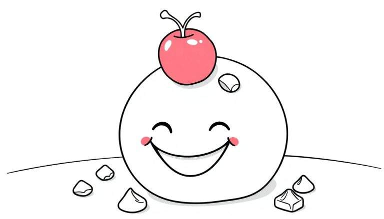 Gâteau mochi souriant avec une cerise sur le dessus, prêt pour le coloriage.