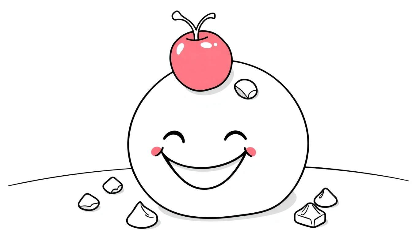 Gâteau mochi souriant avec une cerise sur le dessus, prêt pour le coloriage.