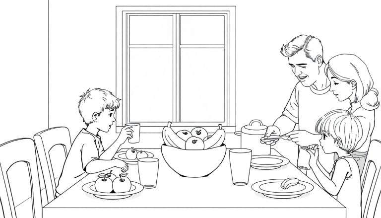 Une famille mange ensemble autour d'une table avec un bol de fruits, une famille heureuse color panel.
