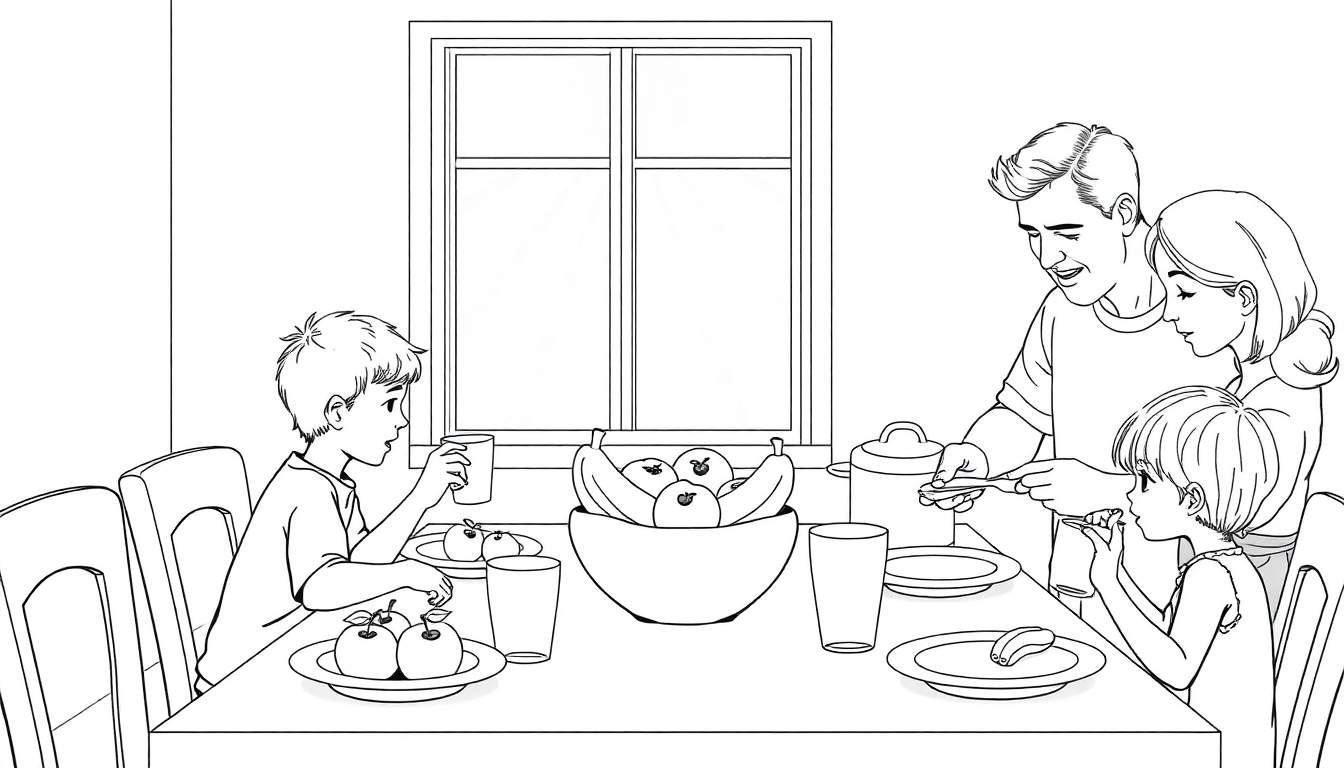 Une famille mange ensemble autour d'une table avec un bol de fruits, une famille heureuse color panel.