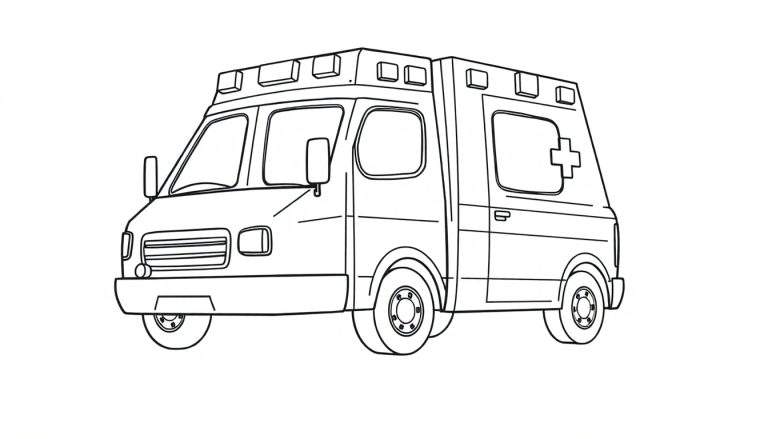 Illustration d'une ambulance de style bande dessinée en noir et blanc, avec une croix médicale sur le côté, sur un color panel.