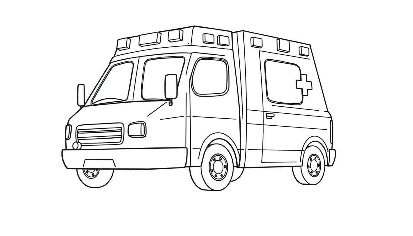 Illustration d'une ambulance de style bande dessinée en noir et blanc, avec une croix médicale sur le côté, sur un color panel.