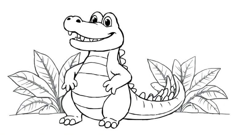 Un dessin au trait d'un crocodile souriant avec un large sourire, prêt pour le color panel.