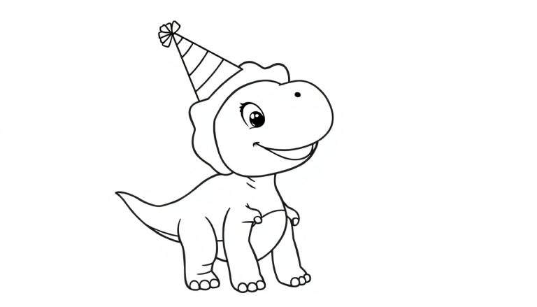 Un mignon dessin au trait de T-Rex avec un chapeau de fête, prêt pour le color panel.