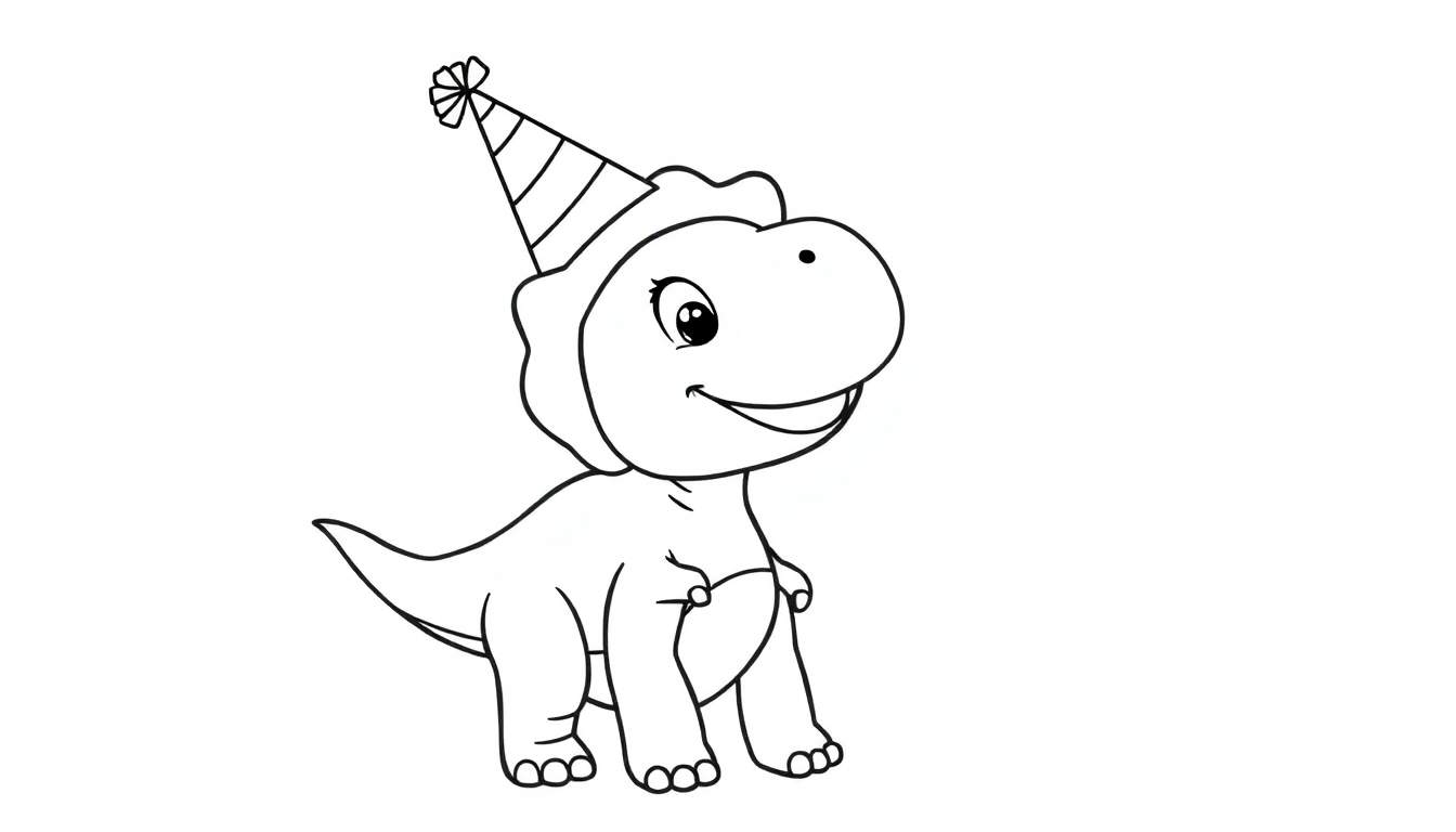 Un mignon dessin au trait de T-Rex avec un chapeau de fête, prêt pour le color panel.