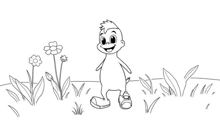 Personnage de dessin animé amical dans un champ, prêt à être coloré.
