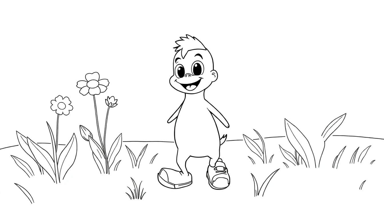 Personnage de dessin animé amical dans un champ, prêt à être coloré.