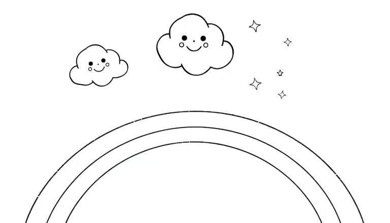 Dessin noir et blanc d'un ciel avec un arc-en-ciel, des nuages souriants et des étoiles. Un color panel pour enfants.
