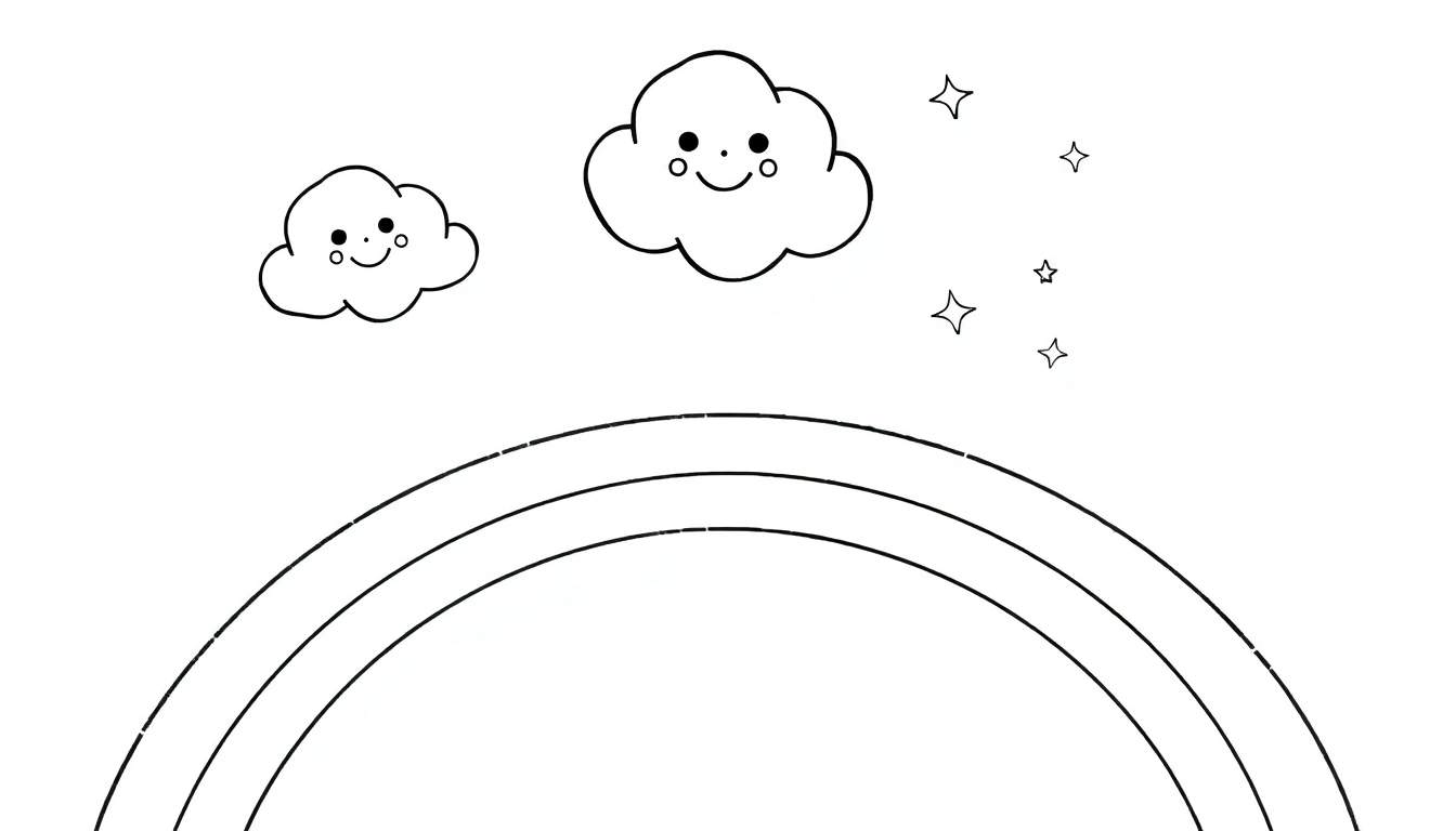 Dessin noir et blanc d'un ciel avec un arc-en-ciel, des nuages souriants et des étoiles. Un color panel pour enfants.