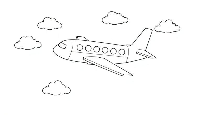 Un dessin au trait d'un avion simple avec des fenêtres et des ailes, survolant des nuages.