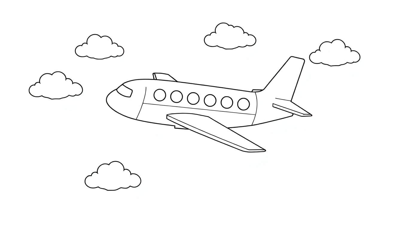 Un dessin au trait d'un avion simple avec des fenêtres et des ailes, survolant des nuages.
