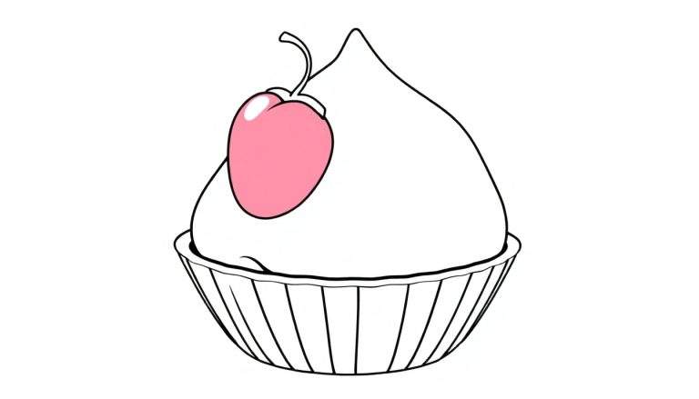 Cupcake stylisé en noir et blanc avec glaçage blanc et cerise rose vif, prêt à être coloré dans le color panel.