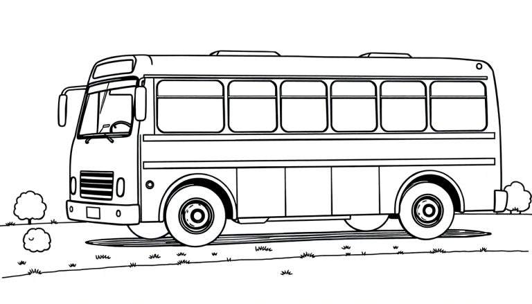 Un bus jaune dessiné au trait, stationné sur de l'herbe avec des buissons, un color panel pour l'imagination.