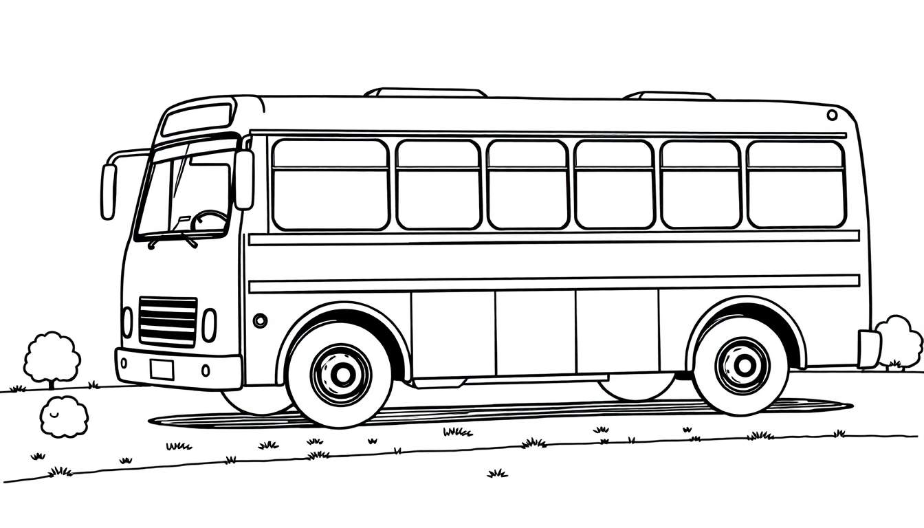Un bus jaune dessiné au trait, stationné sur de l'herbe avec des buissons, un color panel pour l'imagination.