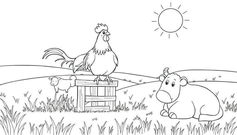 Un color panel de dessin au trait d'une ferme avec un coq, un mouton et une vache sous un soleil.