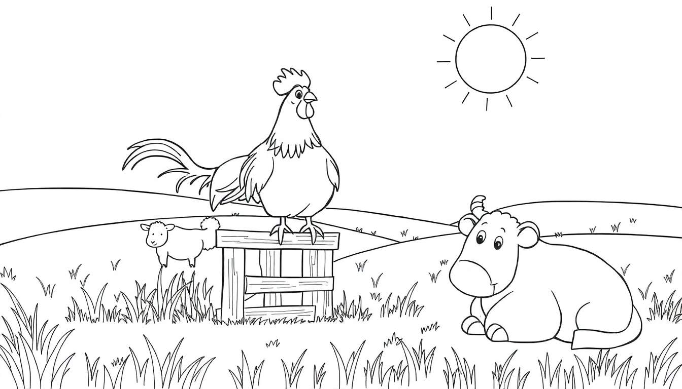 Un color panel de dessin au trait d'une ferme avec un coq, un mouton et une vache sous un soleil.