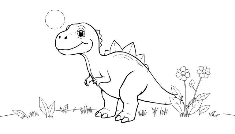 Un dessin au trait d'un dinosaure mignon et potelé avec des pointes sur le dos, debout sur de l'herbe avec des fleurs.