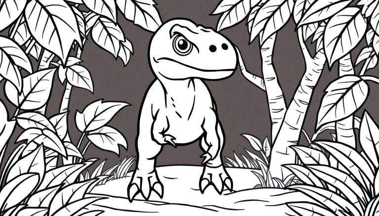 Un petit dinosaure au regard renfrogné dans une jungle, prêt à être colorié.