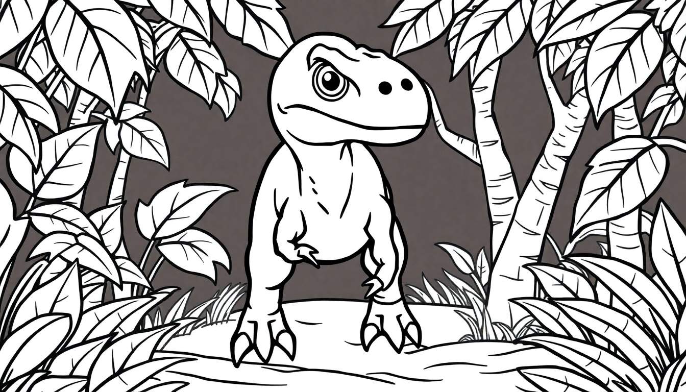 Un petit dinosaure au regard renfrogné dans une jungle, prêt à être colorié.